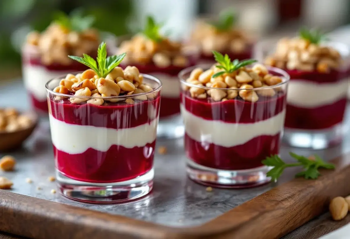 Verrines apéritives betterave, chèvre frais et noisette, une entrée chic, colorée et raffinée