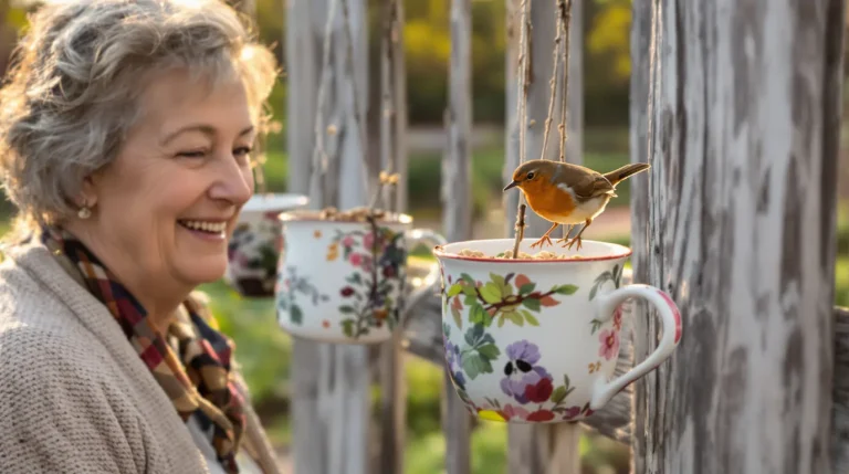 En avril, ces vieilles tasses sur la clôture aident les oiseaux et protègent discrètement le potager