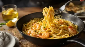 Linguine aux poireaux, crème onctueuse et crevettes vraiment gourmandes
