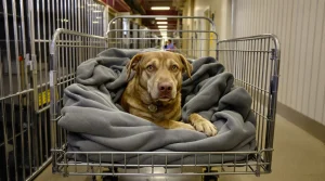Ce chien, effrayé par le sol du refuge après une vie dehors, a été installé dans un chariot