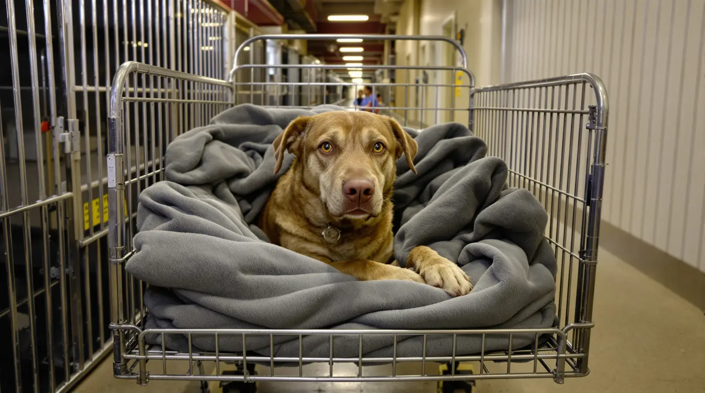 Ce chien, effrayé par le sol du refuge après une vie dehors, a été installé dans un chariot Ce chien, effrayé par le sol du refuge après une vie dehors, a été installé dans un chariot